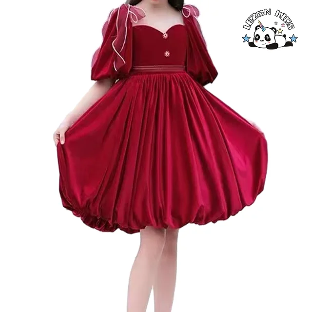 LEZONKIDS - High Quality  Children Performance Clothing Gold Velvet Short Sleeve Party Girls Dress for Kids